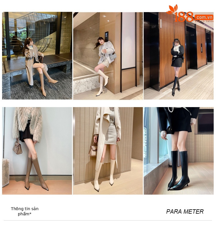 Bốt nữ cổ cao mũi nhọn kim loại co giãn, phong cách kỵ sĩ cao gót thon gọn — Màu kaki lót nhung chi tiết 3