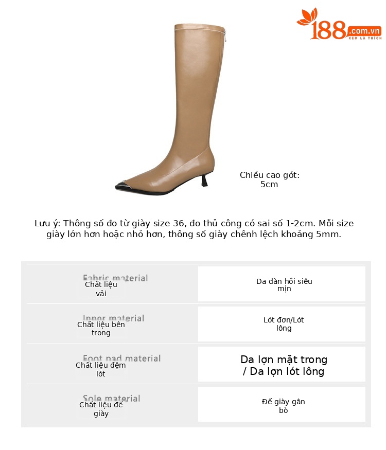Bốt nữ cổ cao mũi nhọn kim loại co giãn, phong cách kỵ sĩ cao gót thon gọn — Màu kaki lót nhung chi tiết 4