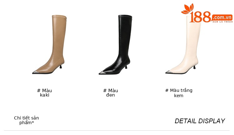 Bốt nữ cổ cao mũi nhọn kim loại co giãn, phong cách kỵ sĩ cao gót thon gọn — Màu kaki lót nhung chi tiết 5