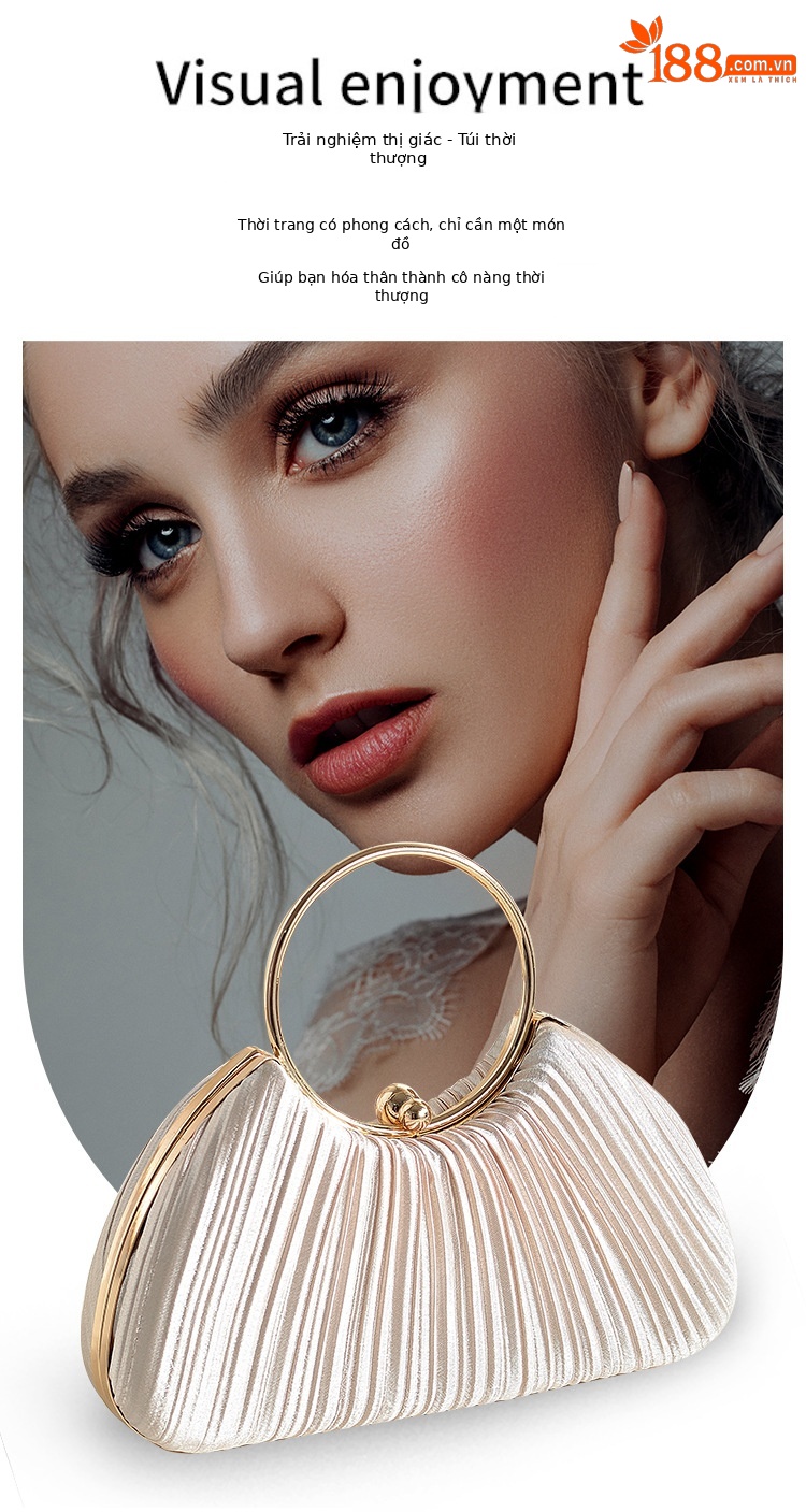 Túi clutch dạ tiệc satin xếp ly hình vòng tròn, phong cách sườn xám, có dây đeo chéo — Màu mơ, Màu trắng, Màu bạc, Màu hồng chi tiết 1