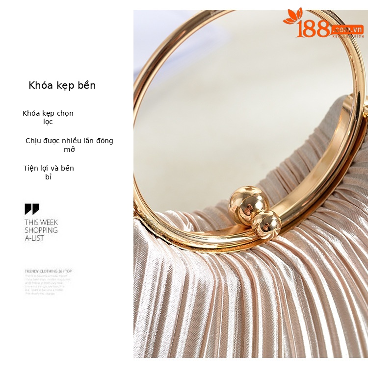 Túi clutch dạ tiệc satin xếp ly hình vòng tròn, phong cách sườn xám, có dây đeo chéo — Màu mơ, Màu trắng, Màu bạc, Màu hồng chi tiết 6