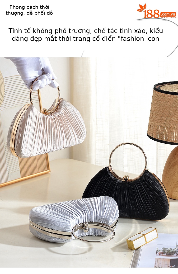 Túi clutch dạ tiệc satin xếp ly hình vòng tròn, phong cách sườn xám, có dây đeo chéo — Màu mơ, Màu trắng, Màu bạc, Màu hồng chi tiết 8