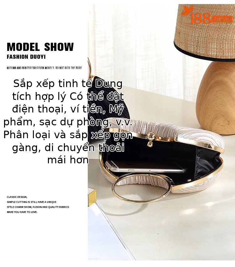Túi clutch dạ tiệc satin xếp ly hình vòng tròn, phong cách sườn xám, có dây đeo chéo — Màu mơ, Màu trắng, Màu bạc, Màu hồng chi tiết 9