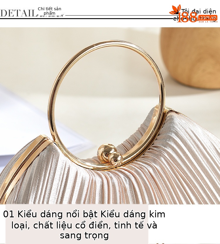 Túi clutch dạ tiệc satin xếp ly hình vòng tròn, phong cách sườn xám, có dây đeo chéo — Màu mơ, Màu trắng, Màu bạc, Màu hồng chi tiết 11