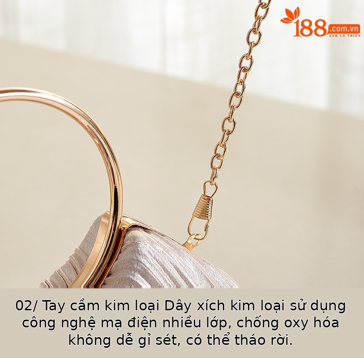Túi clutch dạ tiệc satin xếp ly hình vòng tròn, phong cách sườn xám, có dây đeo chéo — Màu mơ, Màu trắng, Màu bạc, Màu hồng chi tiết 12