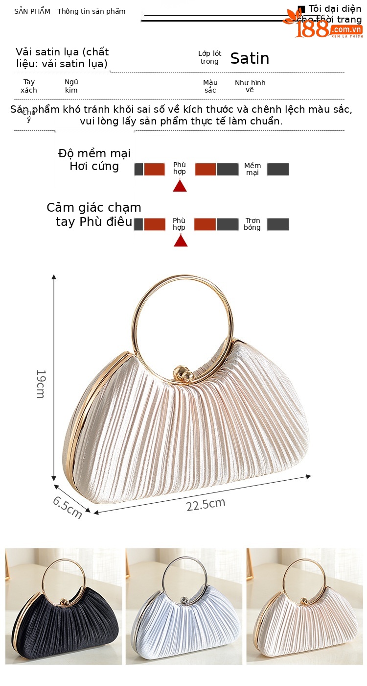 Túi clutch dạ tiệc satin xếp ly hình vòng tròn, phong cách sườn xám, có dây đeo chéo — Màu mơ, Màu trắng, Màu bạc, Màu hồng chi tiết 2