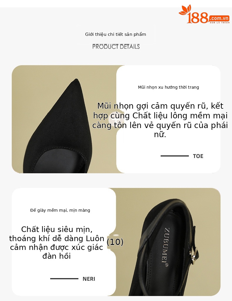 Giày cao gót mũi nhọn đế xuồng chống nước da lộn — Màu đen chi tiết 2