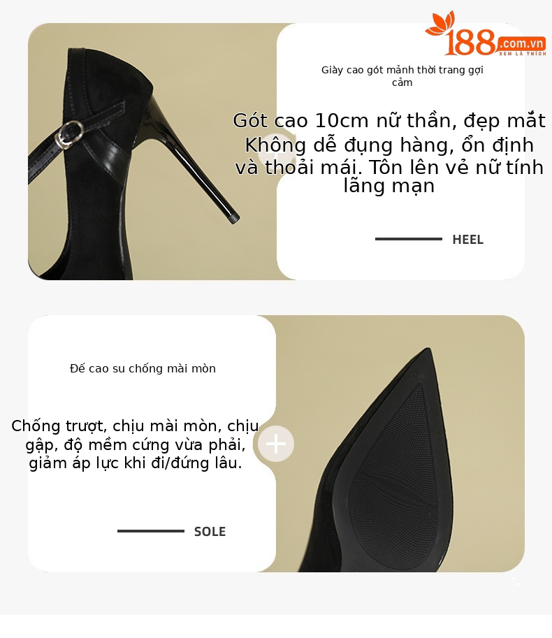 Giày cao gót mũi nhọn đế xuồng chống nước da lộn — Màu đen chi tiết 3