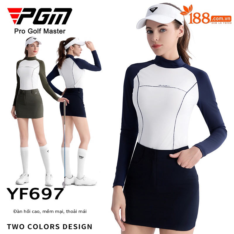 Bộ trang phục golf nữ PGM áo dài tay phối váy ngắn ôm eo — YF697 màu xanh ô liu trắng dài tay hàng đầu, YF697 áo dài tay màu trắng xanh navy, QZ110] Váy hông màu xanh đậm, QZ110 váy hông màu xanh ô liu