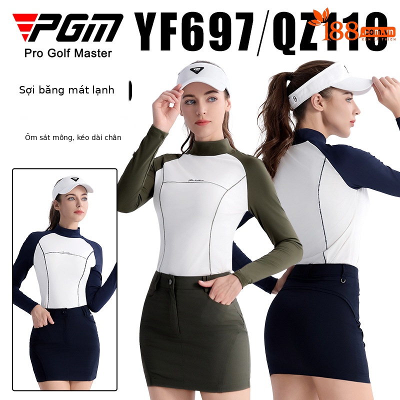 Bộ trang phục golf nữ PGM áo dài tay phối váy ngắn ôm eo — YF697 màu xanh ô liu trắng dài tay hàng đầu, YF697 áo dài tay màu trắng xanh navy, QZ110] Váy hông màu xanh đậm, QZ110 váy hông màu xanh ô liu