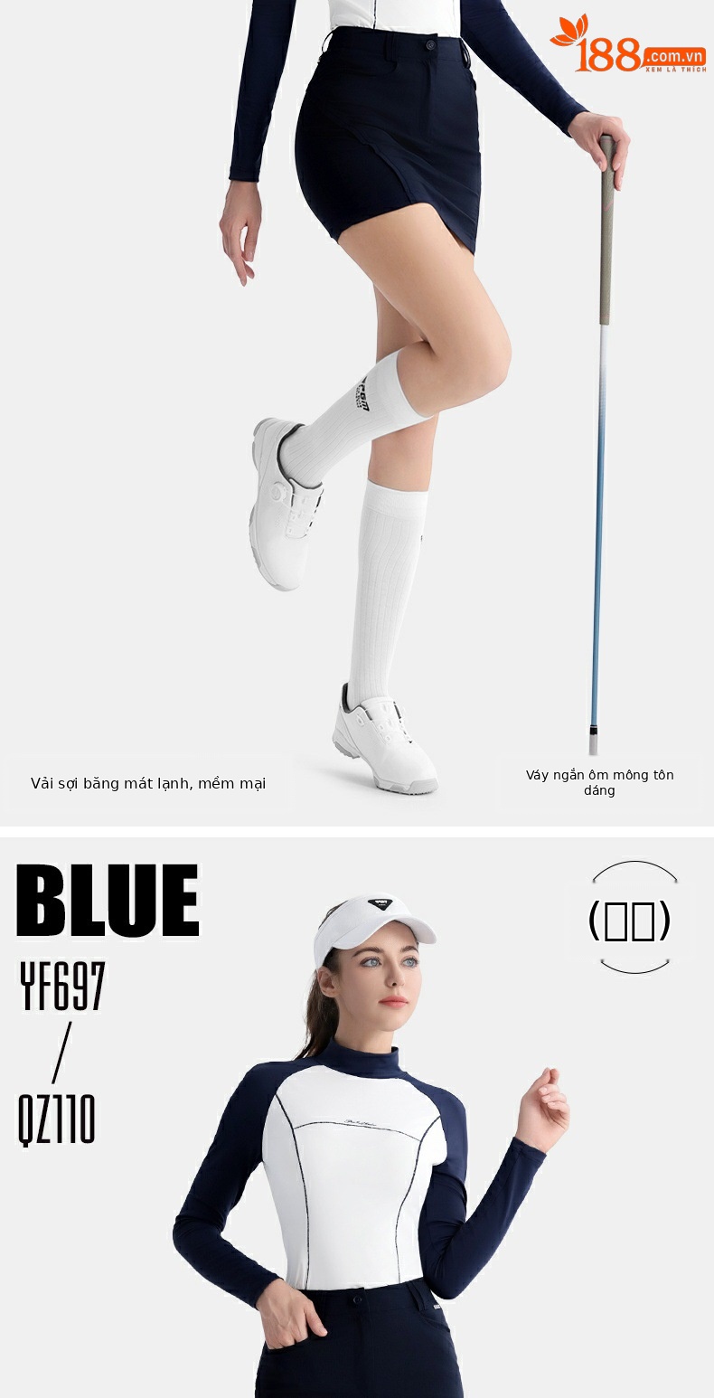 Bộ trang phục golf nữ PGM áo dài tay phối váy ngắn ôm eo — YF697 màu xanh ô liu trắng dài tay hàng đầu, YF697 áo dài tay màu trắng xanh navy, QZ110] Váy hông màu xanh đậm, QZ110 váy hông màu xanh ô liu chi tiết 4