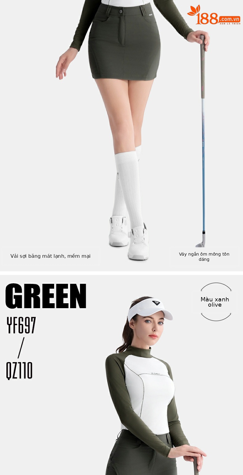 Bộ trang phục golf nữ PGM áo dài tay phối váy ngắn ôm eo — YF697 màu xanh ô liu trắng dài tay hàng đầu, YF697 áo dài tay màu trắng xanh navy, QZ110] Váy hông màu xanh đậm, QZ110 váy hông màu xanh ô liu chi tiết 7