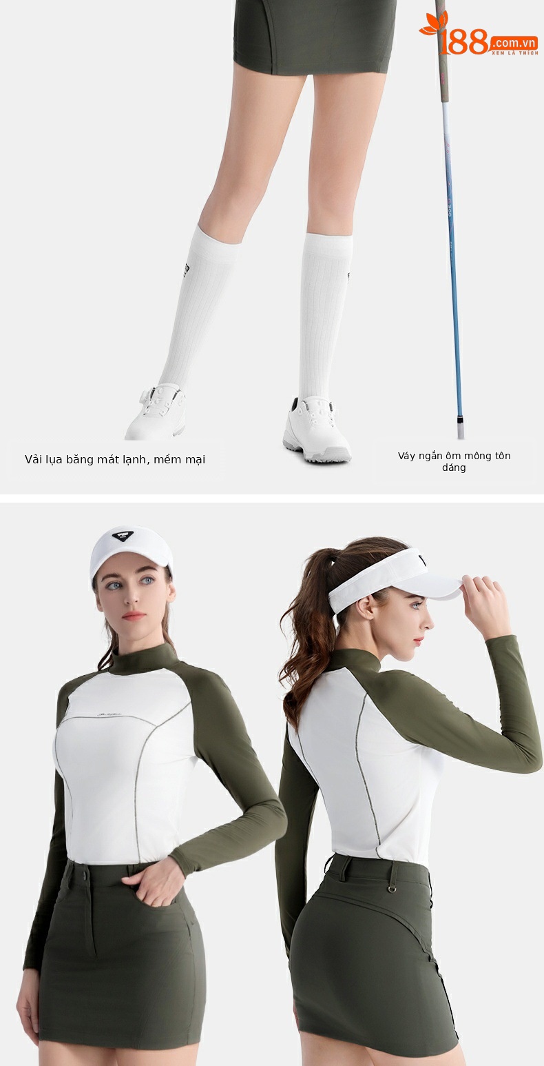 Bộ trang phục golf nữ PGM áo dài tay phối váy ngắn ôm eo — YF697 màu xanh ô liu trắng dài tay hàng đầu, YF697 áo dài tay màu trắng xanh navy, QZ110] Váy hông màu xanh đậm, QZ110 váy hông màu xanh ô liu chi tiết 8