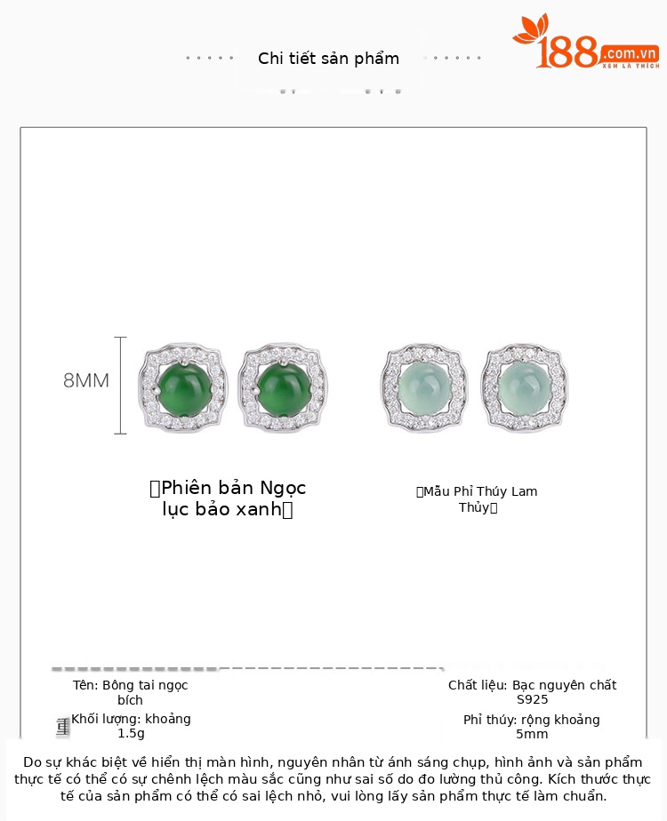 Bông tai bạc S925 đính ngọc bích xanh dạng hạt tròn hình vuông rỗng — Mẫu ngọc bích nước xanh chi tiết 2
