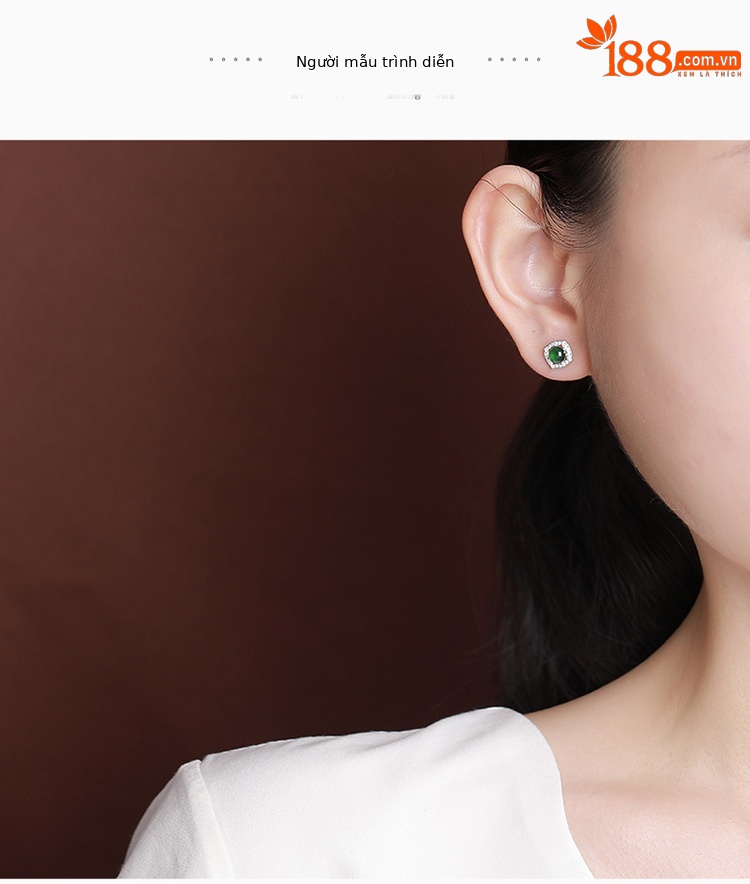 Bông tai bạc S925 đính ngọc bích xanh dạng hạt tròn hình vuông rỗng — Mẫu ngọc bích nước xanh chi tiết 4
