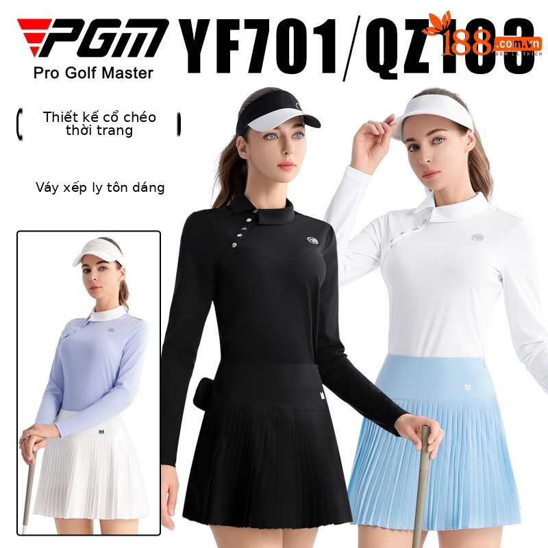 Bộ váy golf nữ PGM tay dài xếp ly thắt eo — QZ103 [Chân dài/túi thắt lưng miễn phí/thắt lưng co giãn] váy xếp ly màu đen, QZ103 [Chân dài/túi thắt lưng miễn phí/thắt lưng co giãn] váy xếp ly màu xanh nhạt, YF701 [Ve áo chéo thời trang/đính kim cương sáng/đàn hồi mềm mại] tay dài màu đen, QZ103 [Chân dài/túi thắt lưng miễn phí/thắt lưng co giãn] váy xếp ly màu trắng