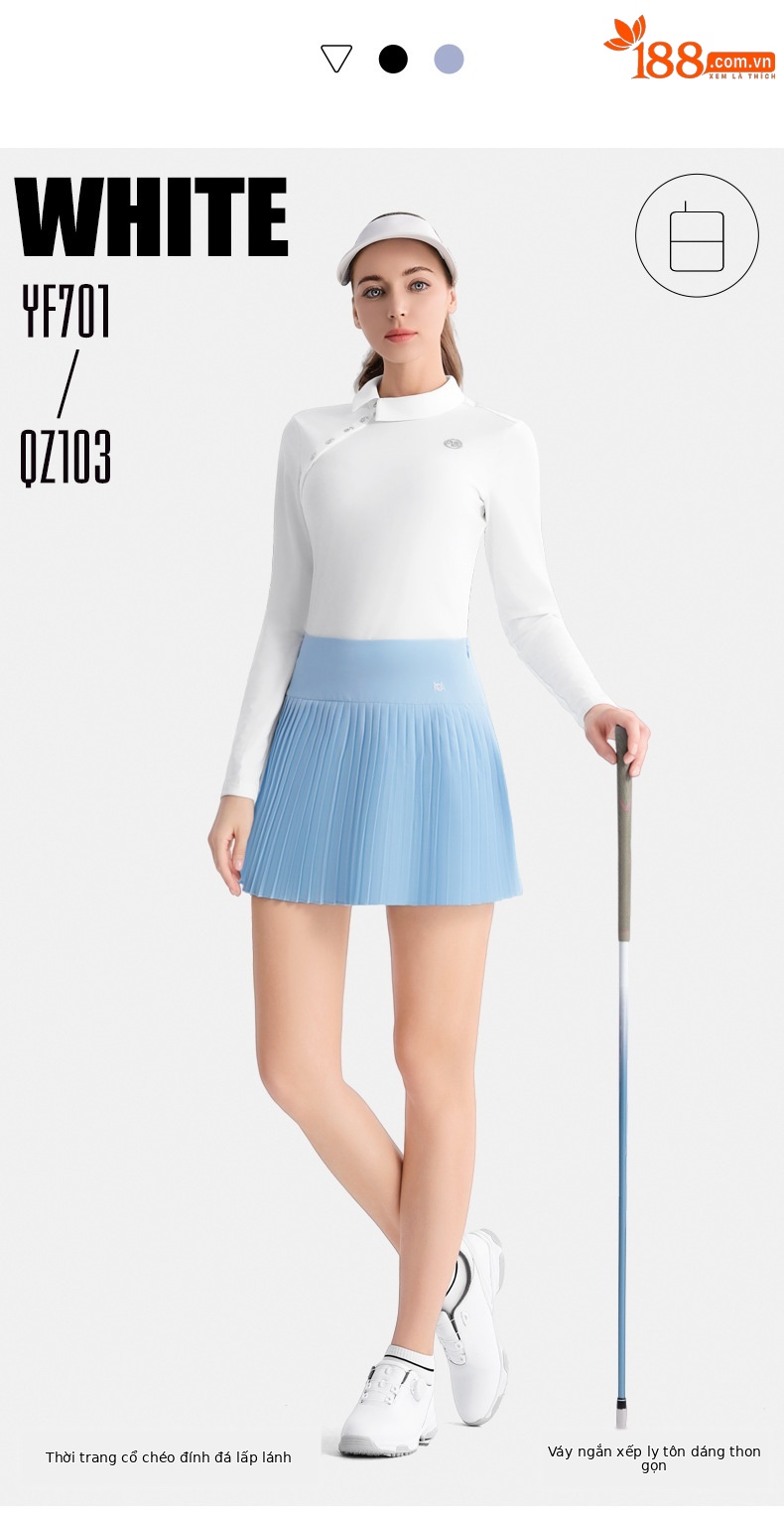 Bộ váy golf nữ PGM tay dài xếp ly thắt eo — QZ103 [Chân dài/túi thắt lưng miễn phí/thắt lưng co giãn] váy xếp ly màu đen, QZ103 [Chân dài/túi thắt lưng miễn phí/thắt lưng co giãn] váy xếp ly màu xanh nhạt, YF701 [Ve áo chéo thời trang/đính kim cương sáng/đàn hồi mềm mại] tay dài màu đen, QZ103 [Chân dài/túi thắt lưng miễn phí/thắt lưng co giãn] váy xếp ly màu trắng chi tiết 3