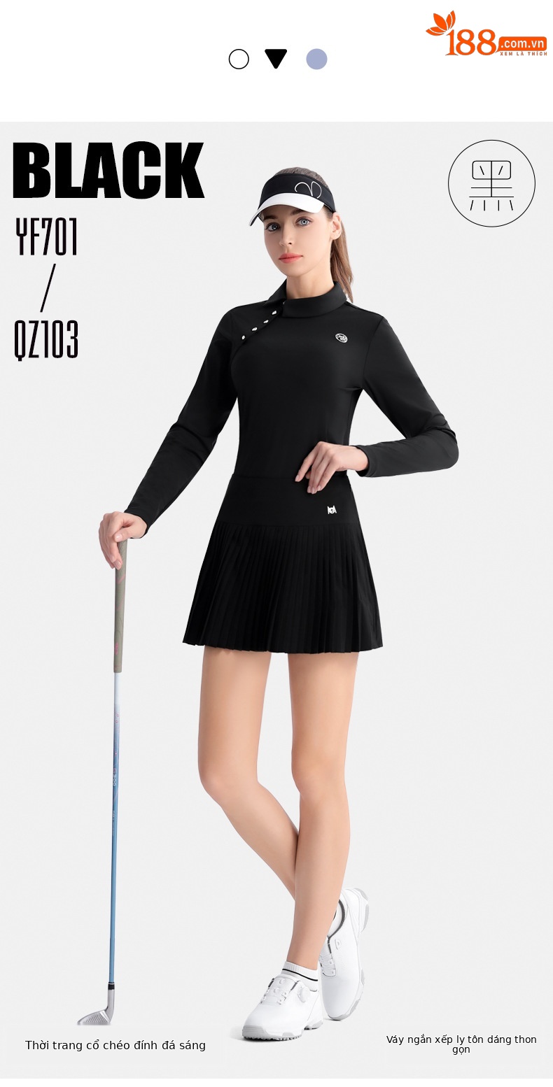 Bộ váy golf nữ PGM tay dài xếp ly thắt eo — QZ103 [Chân dài/túi thắt lưng miễn phí/thắt lưng co giãn] váy xếp ly màu đen, QZ103 [Chân dài/túi thắt lưng miễn phí/thắt lưng co giãn] váy xếp ly màu xanh nhạt, YF701 [Ve áo chéo thời trang/đính kim cương sáng/đàn hồi mềm mại] tay dài màu đen, QZ103 [Chân dài/túi thắt lưng miễn phí/thắt lưng co giãn] váy xếp ly màu trắng chi tiết 6