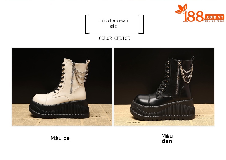 Boot Martin nữ cổ thấp đế dày tăng chiều cao, đế bánh xốp mềm — Màu be chi tiết 2