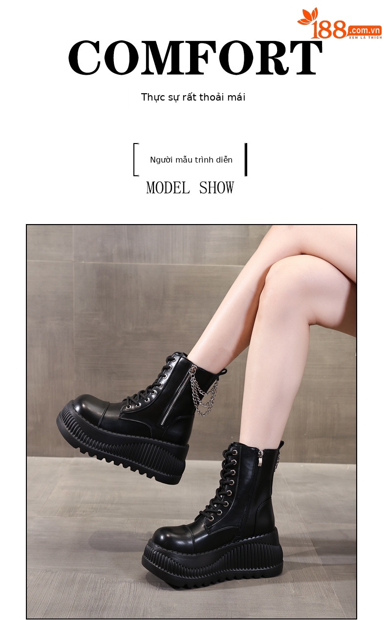 Boot Martin nữ cổ thấp đế dày tăng chiều cao, đế bánh xốp mềm — Màu be chi tiết 9