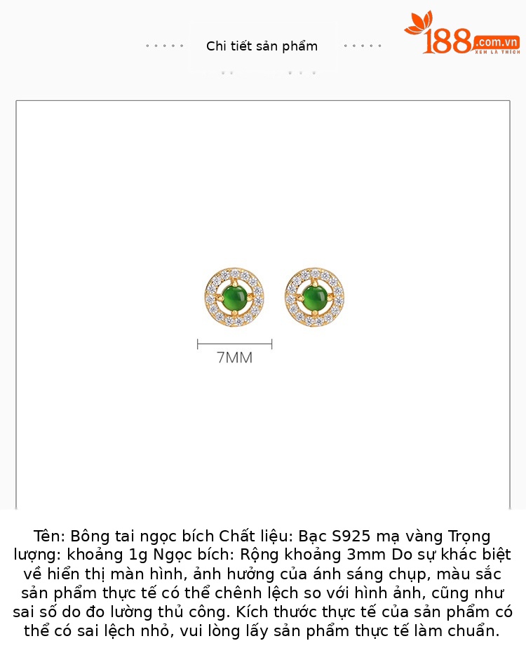 Khuyên tai nữ bạc S925 mạ vàng đính ngọc bích hình học rỗng — cặp chi tiết 2