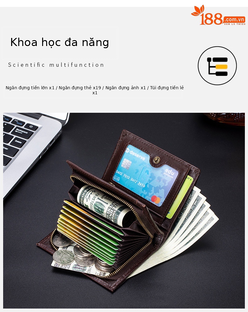 Ví nam ngắn nhiều ngăn thẻ da PU phong cách trẻ trung — Màu cà phê đậm, Màu đen, Màu cà phê đậm (có hộp quà), Màu đen (có hộp quà) chi tiết 6