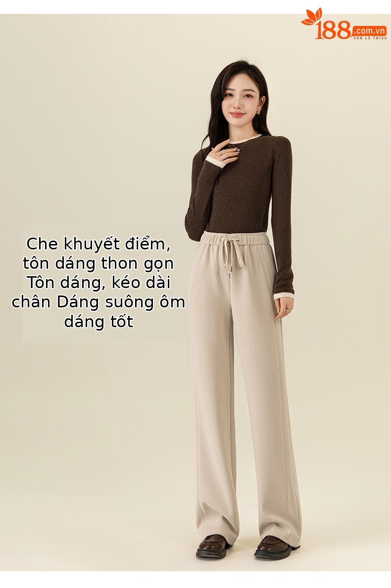 Quần culottes nữ ống rộng lưng thun dáng suông mềm mại — Màu be chi tiết 9