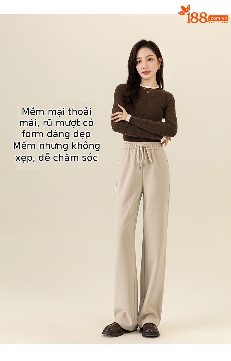 Quần culottes nữ ống rộng lưng thun dáng suông mềm mại — Màu be chi tiết 11