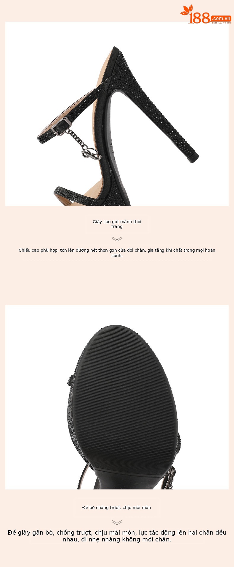 Sandal cao gót nữ hở mũi da thật đế platform đính đá gót 13 cm — Màu rượu sâm banh (13cm) chi tiết 4