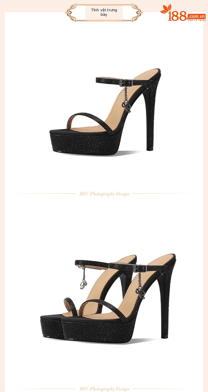Sandal cao gót nữ hở mũi da thật đế platform đính đá gót 13 cm — Màu rượu sâm banh (13cm) chi tiết 14