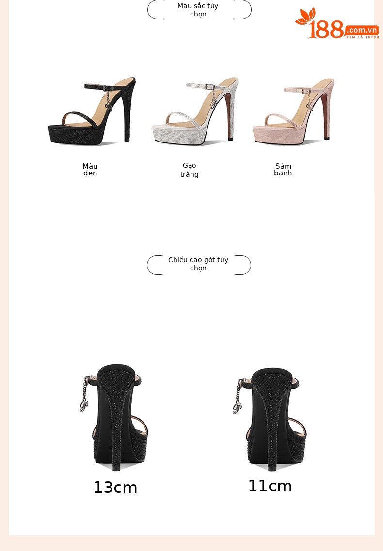 Sandal cao gót nữ hở mũi da thật đế platform đính đá gót 13 cm — Màu rượu sâm banh (13cm) chi tiết 2