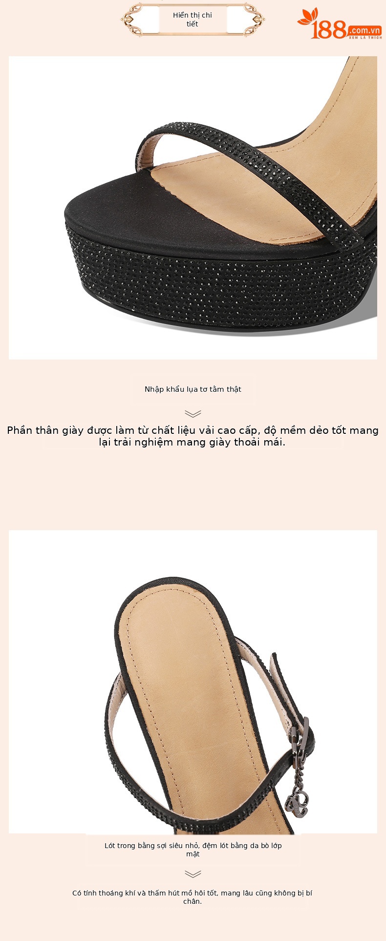 Sandal cao gót nữ hở mũi da thật đế platform đính đá gót 13 cm — Màu rượu sâm banh (13cm) chi tiết 3