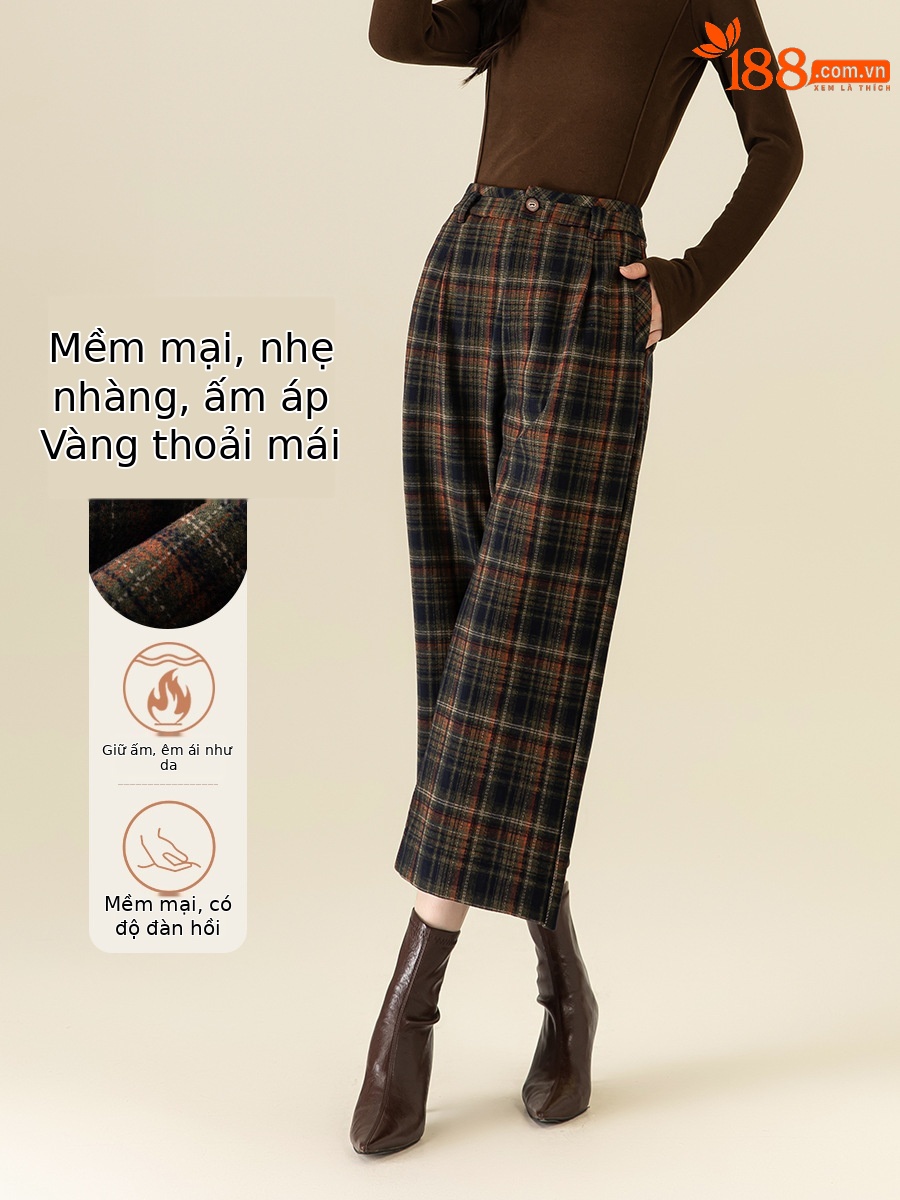Quần ống rộng len nữ cạp cao dáng suông kẻ ca rô thu đông — Caro màu cà phê