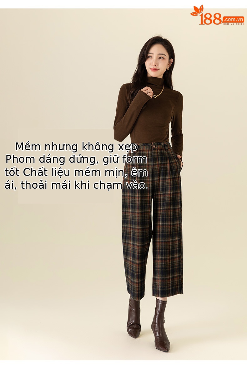 Quần ống rộng len nữ cạp cao dáng suông kẻ ca rô thu đông — Caro màu cà phê chi tiết 9