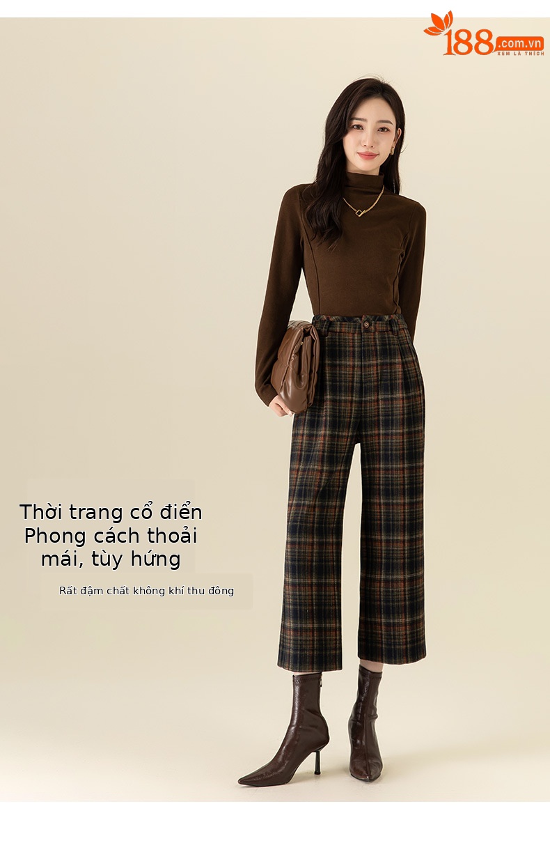 Quần ống rộng len nữ cạp cao dáng suông kẻ ca rô thu đông — Caro màu cà phê chi tiết 13
