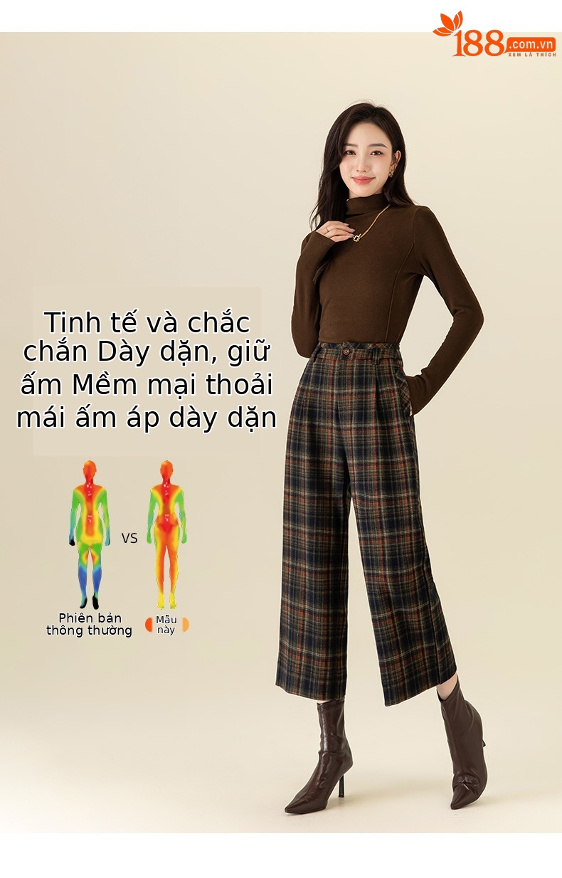 Quần ống rộng len nữ cạp cao dáng suông kẻ ca rô thu đông — Caro màu cà phê chi tiết 8
