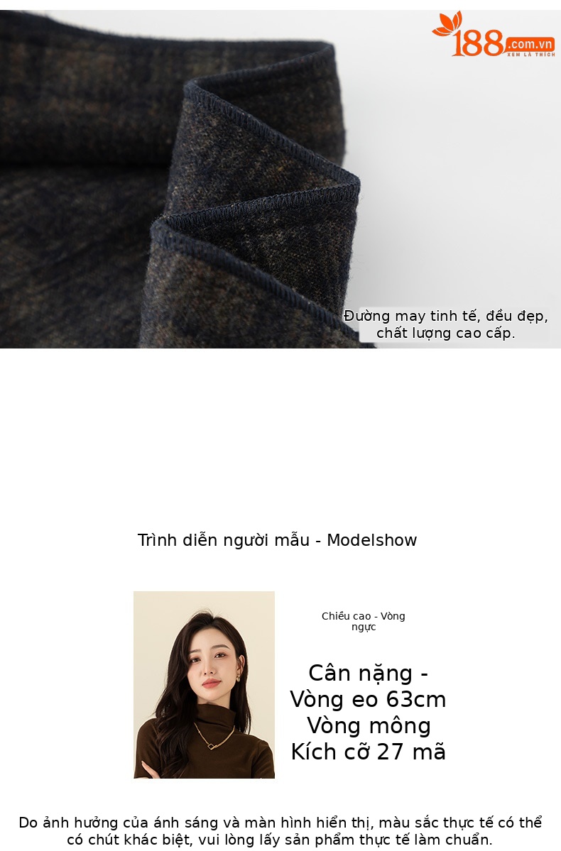 Quần ống rộng len nữ cạp cao dáng suông kẻ ca rô thu đông — Caro màu cà phê chi tiết 18