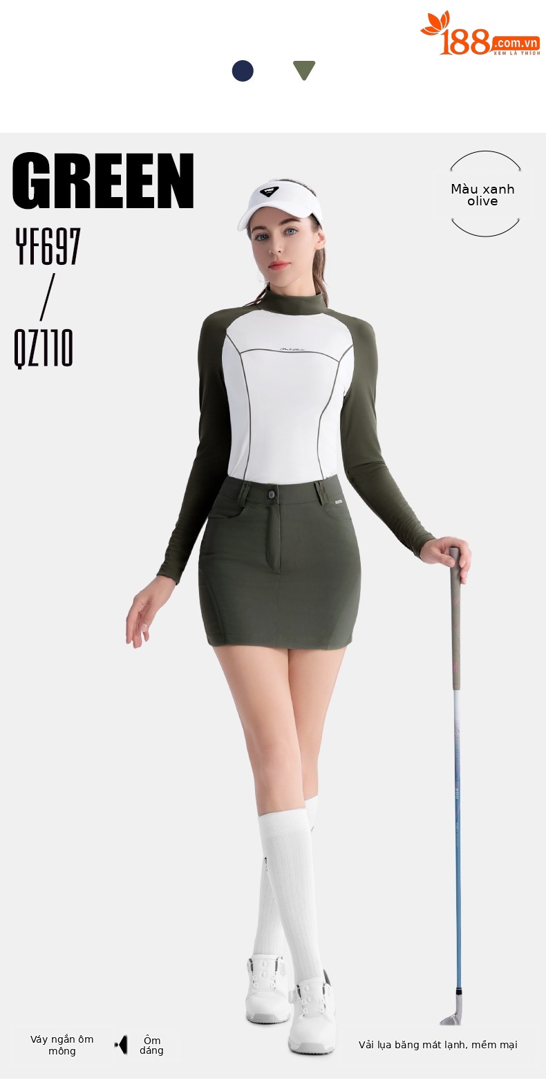 Bộ đồ golf nữ PGM áo thun dài tay ôm eo kèm váy ngắn bó sát — QZ110 váy hông màu xanh ô liu, QZ110 váy hông màu xanh hải quân chi tiết 14