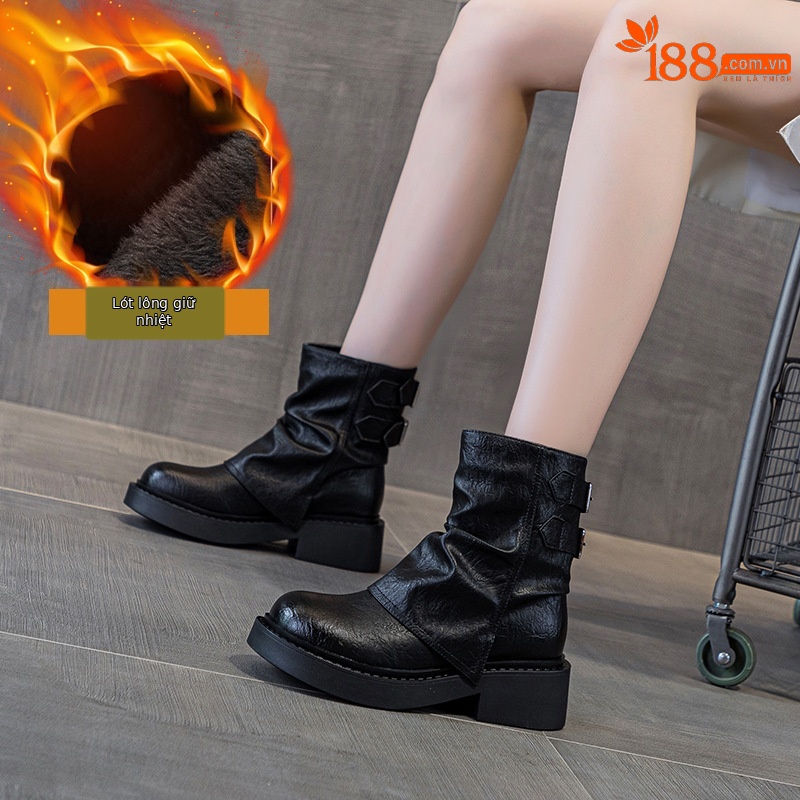 Giày bốt ngắn kiểu Anh nữ cổ thấp đế dày phong cách cưỡi ngựa xếp ly — M2656-1 kaki lót nhung, M2656 kaki một lớp bên trong, M2656 một lớp màu đen, M2656-1 màu đen lót nhung