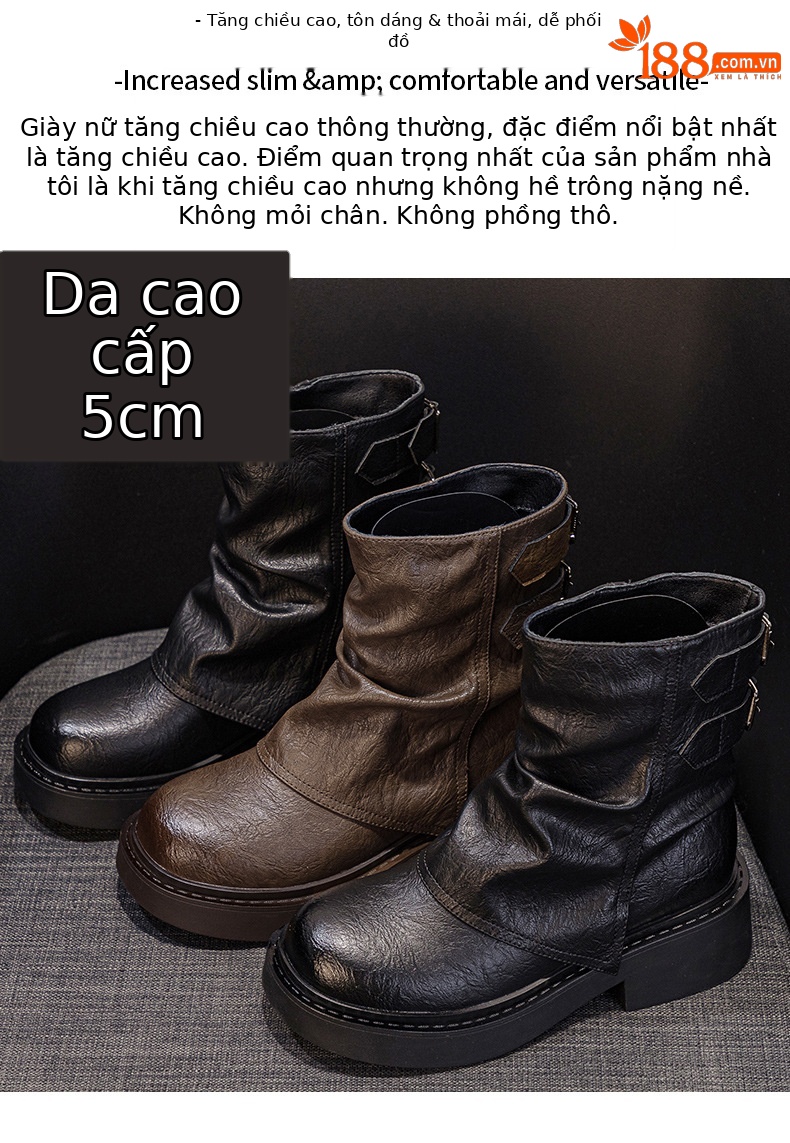 Giày bốt ngắn kiểu Anh nữ cổ thấp đế dày phong cách cưỡi ngựa xếp ly — M2656-1 kaki lót nhung, M2656 kaki một lớp bên trong, M2656 một lớp màu đen, M2656-1 màu đen lót nhung chi tiết 2