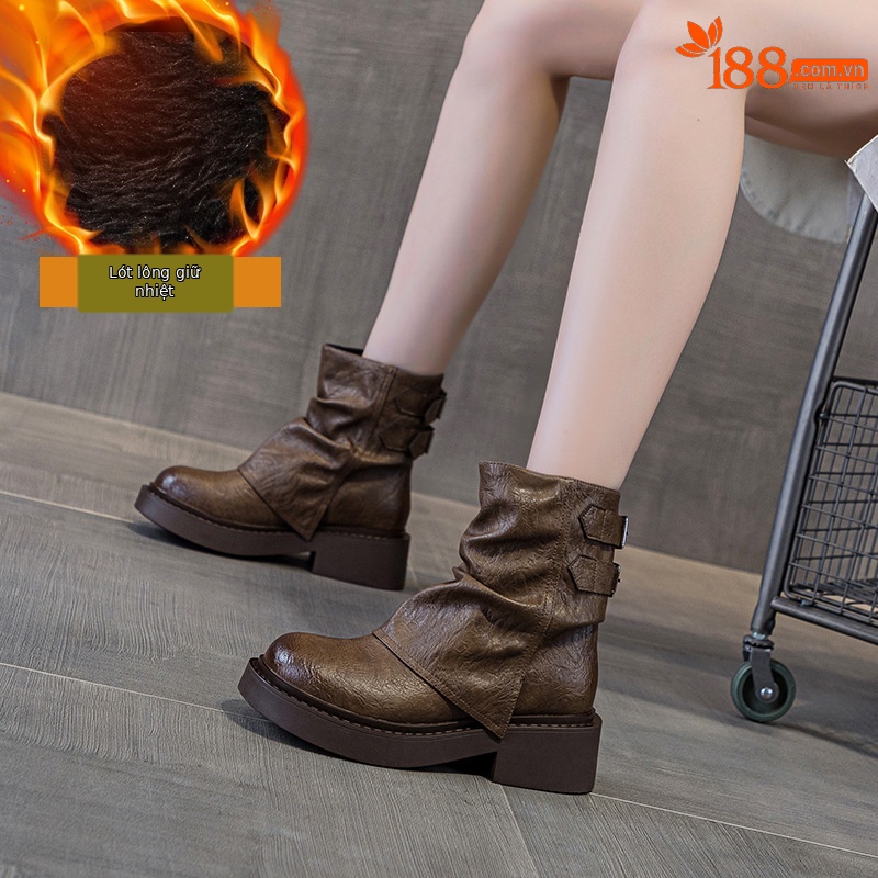 Giày bốt ngắn kiểu Anh nữ cổ thấp đế dày phong cách cưỡi ngựa xếp ly — M2656-1 kaki lót nhung, M2656 kaki một lớp bên trong, M2656 một lớp màu đen, M2656-1 màu đen lót nhung chi tiết 11