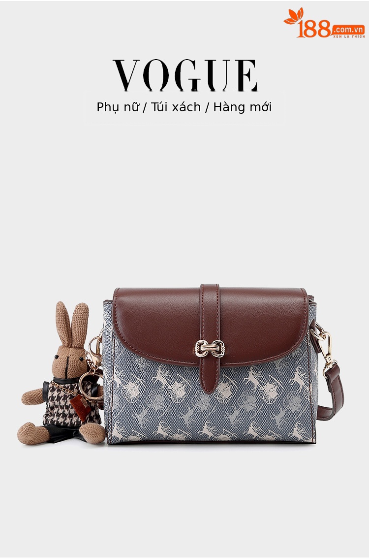 Túi đeo chéo nữ vải canvas nhỏ gọn phong cách cao cấp thu đông — Cà phê với màu xanh để tặng đồ trang trí thỏ chi tiết 3