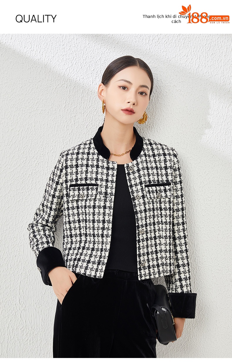 Áo khoác nữ dáng ngắn kiểu Chanel ca rô, thiết kế tôn dáng khí chất Pháp — Ca rô chi tiết 1