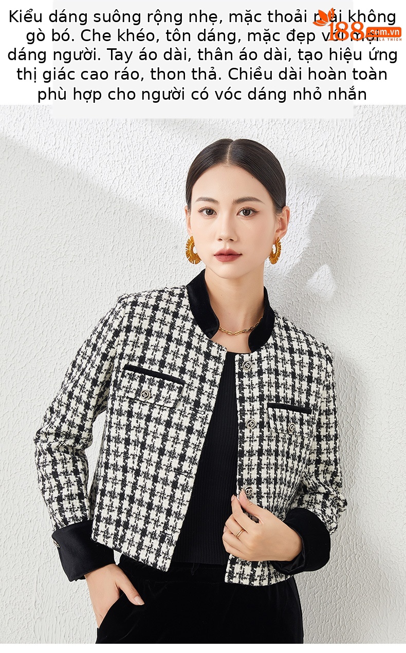 Áo khoác nữ dáng ngắn kiểu Chanel ca rô, thiết kế tôn dáng khí chất Pháp — Ca rô chi tiết 3