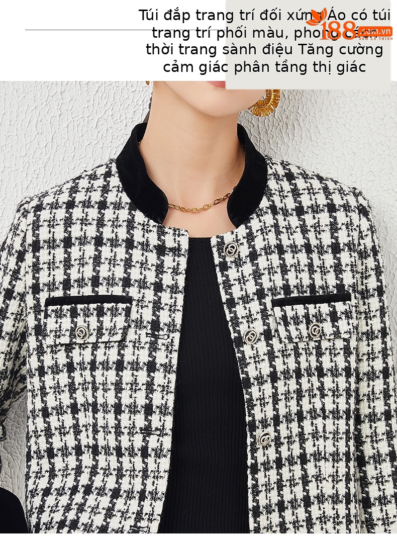 Áo khoác nữ dáng ngắn kiểu Chanel ca rô, thiết kế tôn dáng khí chất Pháp — Ca rô chi tiết 5