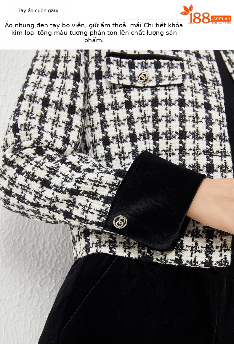 Áo khoác nữ dáng ngắn kiểu Chanel ca rô, thiết kế tôn dáng khí chất Pháp — Ca rô chi tiết 6