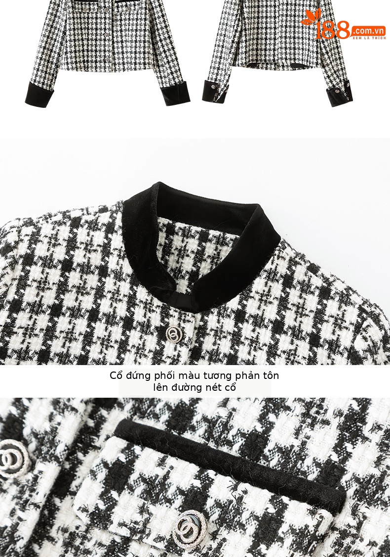 Áo khoác nữ dáng ngắn kiểu Chanel ca rô, thiết kế tôn dáng khí chất Pháp — Ca rô chi tiết 13