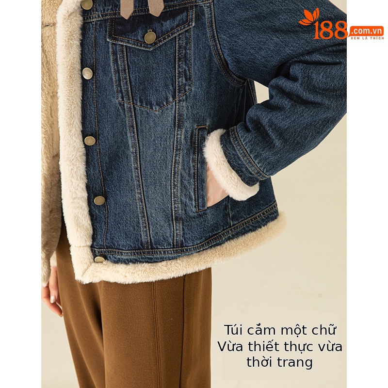 Áo khoác denim nữ phong cách Hàn Quốc, dáng suông, có lớp lót nhung dày giữ ấm — Màu xanh lam (ấm chống lạnh cộng với nhung dày)