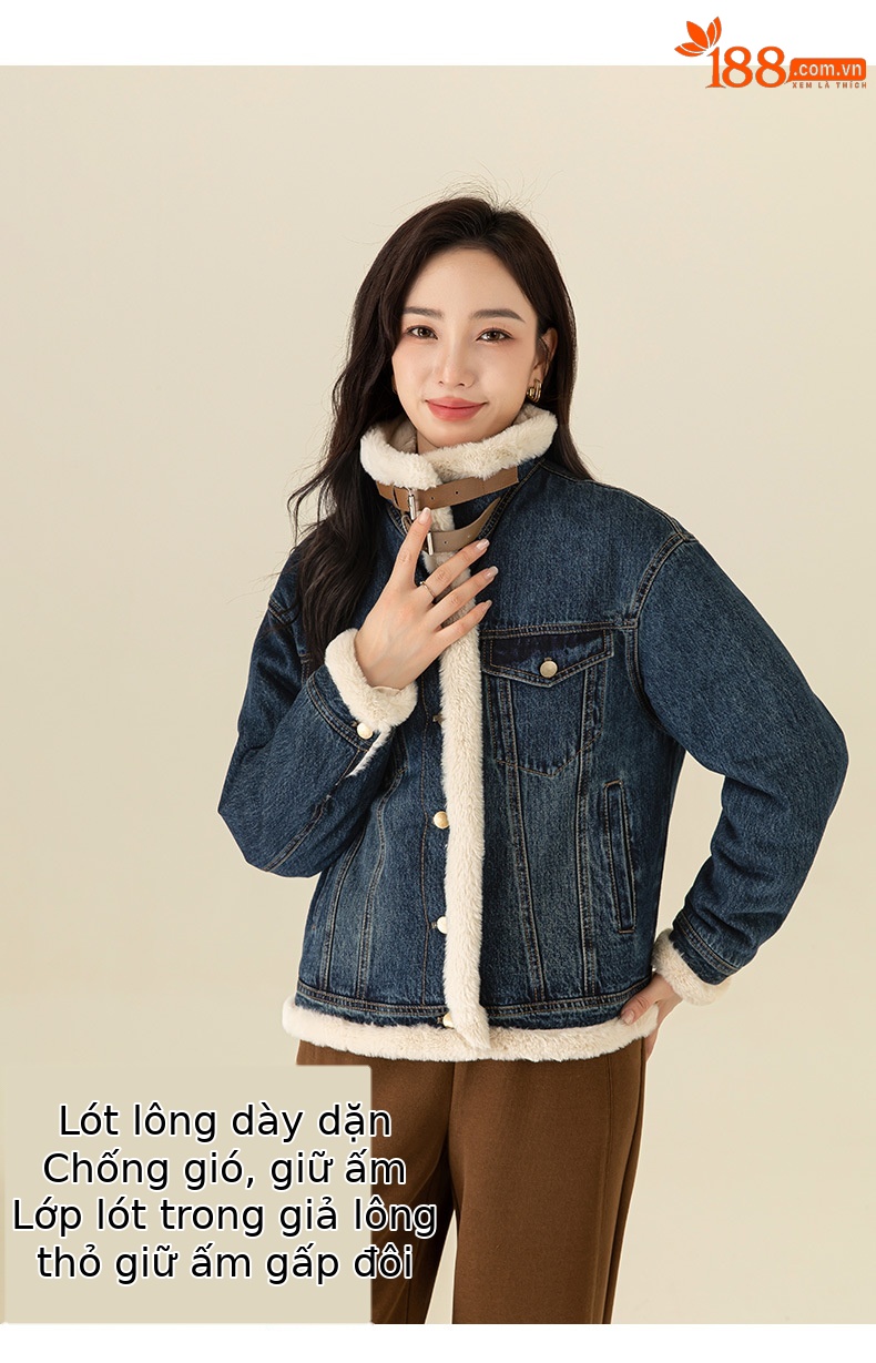 Áo khoác denim nữ phong cách Hàn Quốc, dáng suông, có lớp lót nhung dày giữ ấm — Màu xanh lam (ấm chống lạnh cộng với nhung dày) chi tiết 10