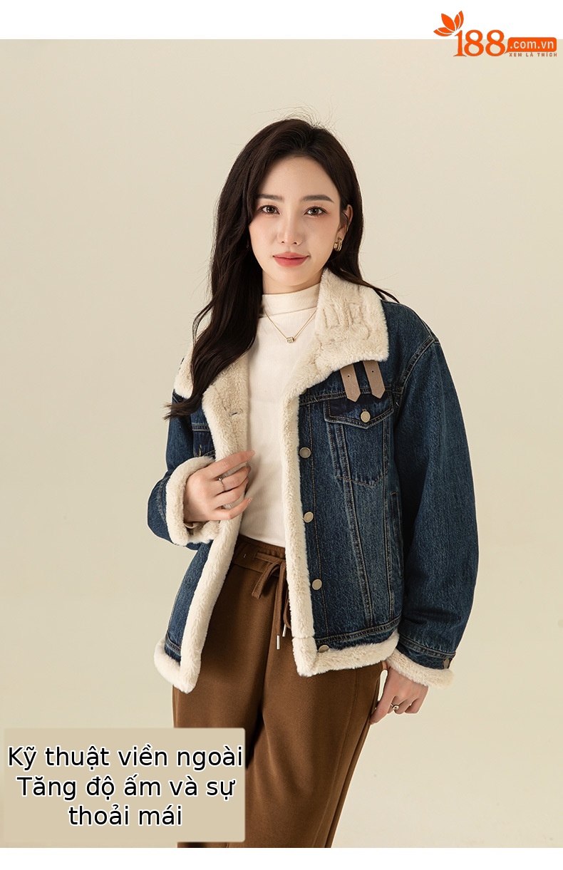 Áo khoác denim nữ phong cách Hàn Quốc, dáng suông, có lớp lót nhung dày giữ ấm — Màu xanh lam (ấm chống lạnh cộng với nhung dày) chi tiết 11